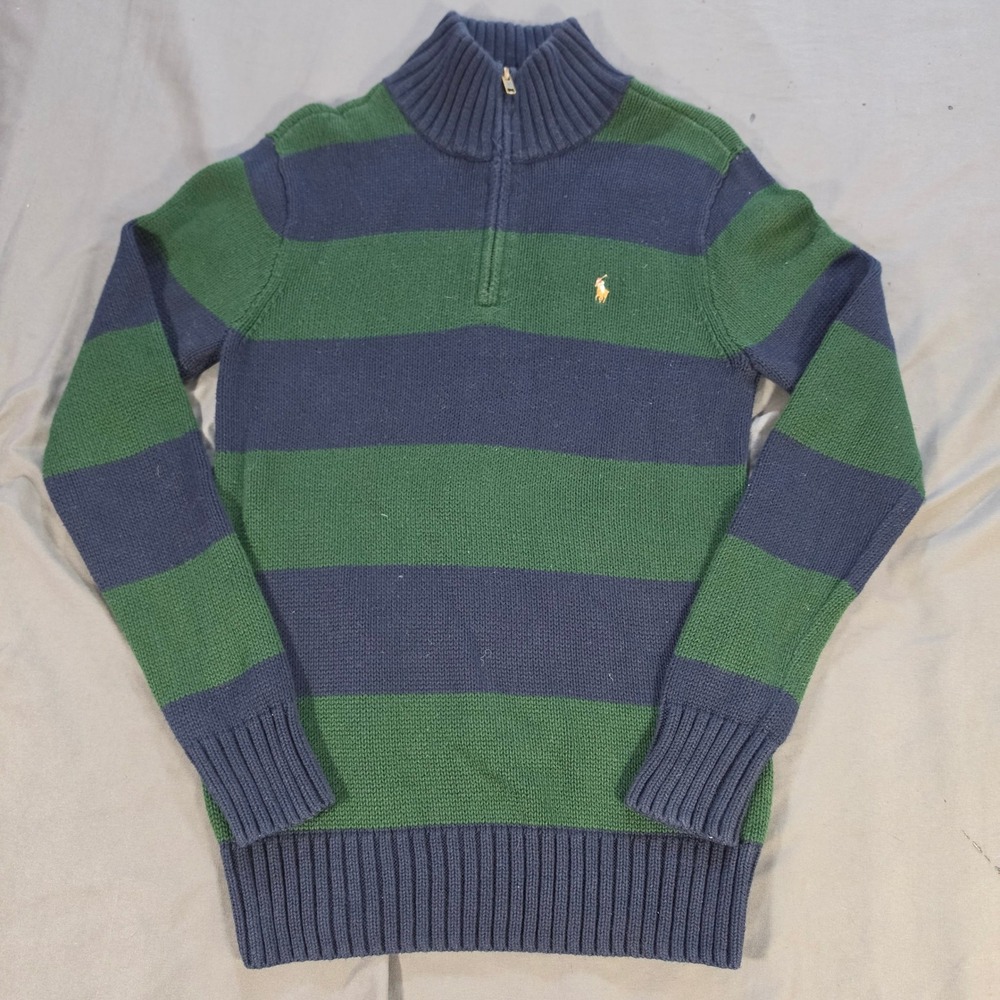 Polo Ralph Lauren Boys Navy Green Striped Quarter Zip Sweater Size M 10-12